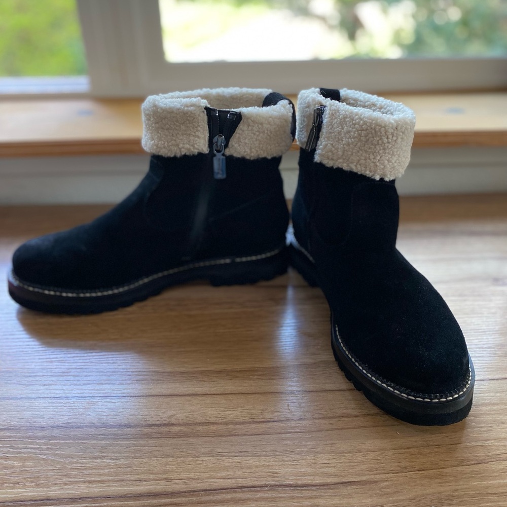 Blondo Black Suede Women's Ankle Boots with Cream Sherpa Cuff- WATERPROOF